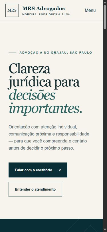 Página inicial do projeto MRS Advogados em celular